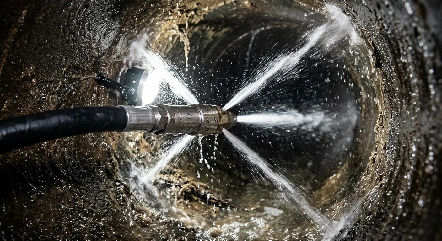 High-pressure hydro jetting nozzle cleaning sewer pipe for Trenchless Sewer Repair in Hardyston