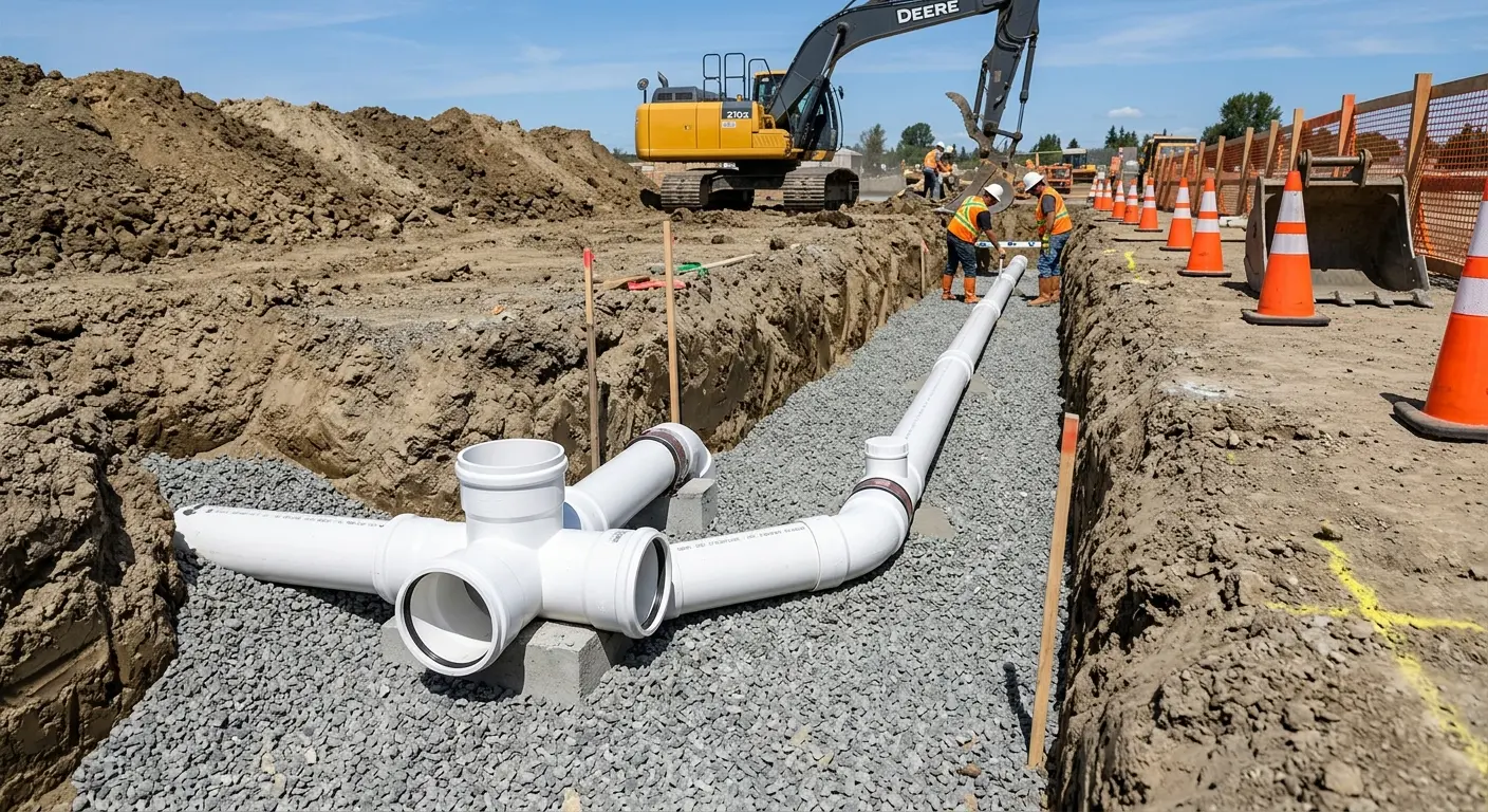 New PVC sewer pipe installation in open trench for Commercial Drain Cleaning in Hardyston